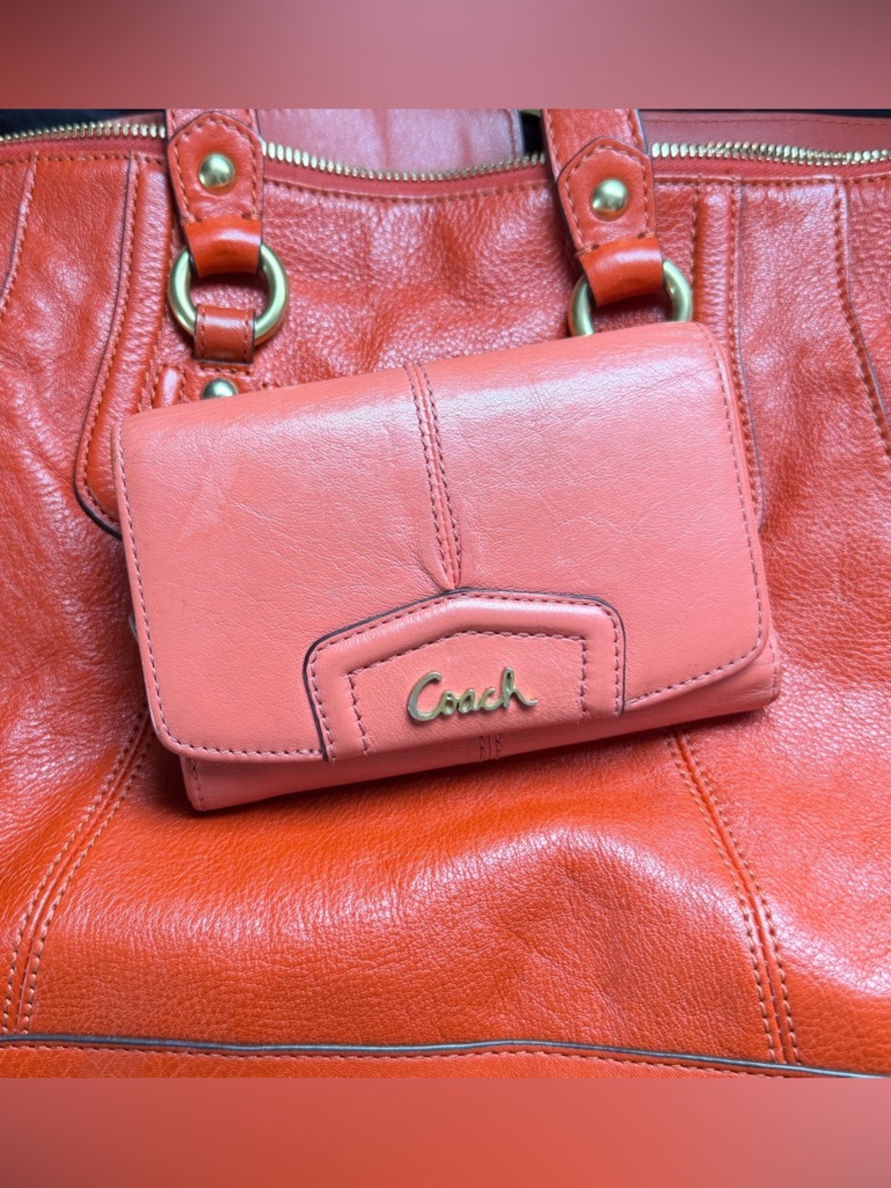 Coach Orange Coral Genuine Leather Satchel Handbag Purse G1273-F19247 12” X 7.5” - Picture 15 of 16